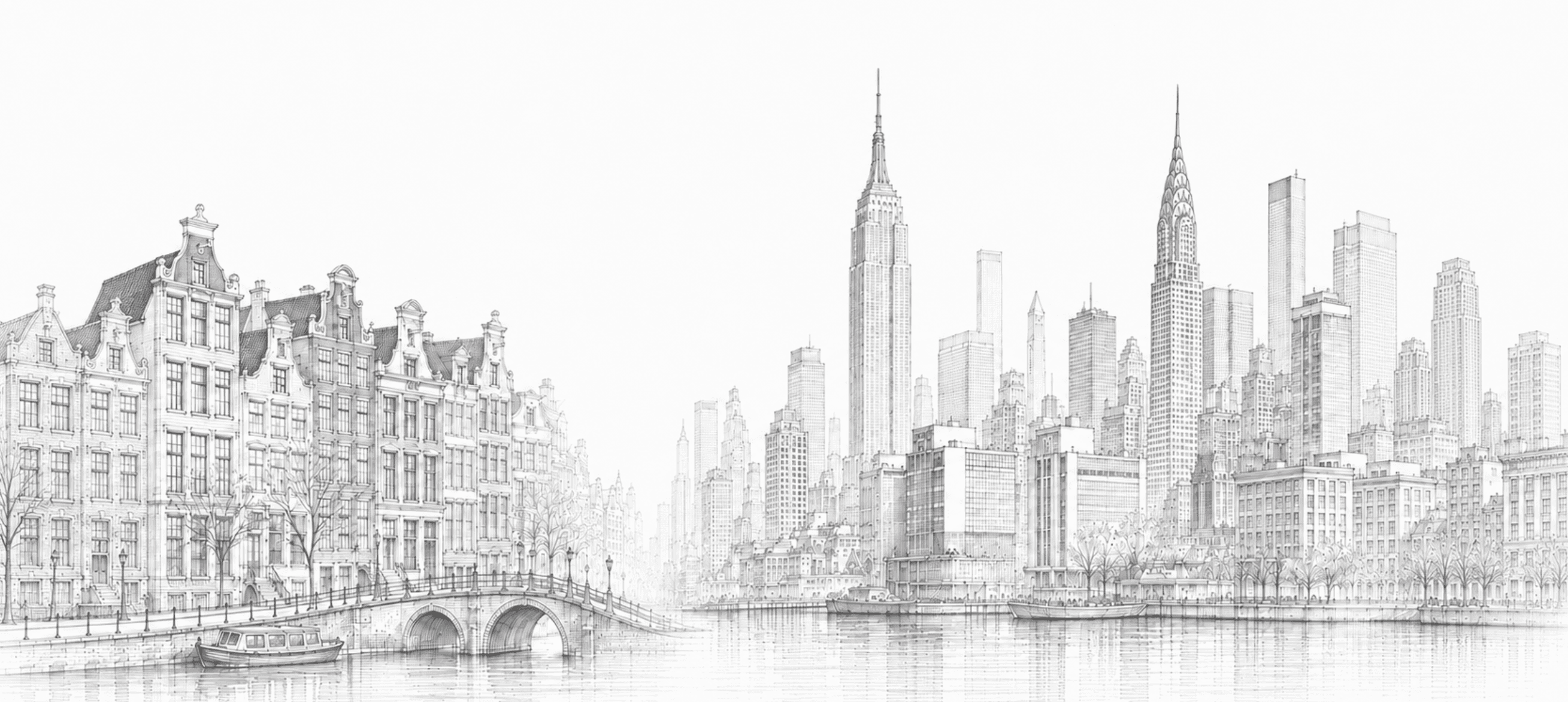 Line drawing of Amsterdam canal houses meeting the New York skyline