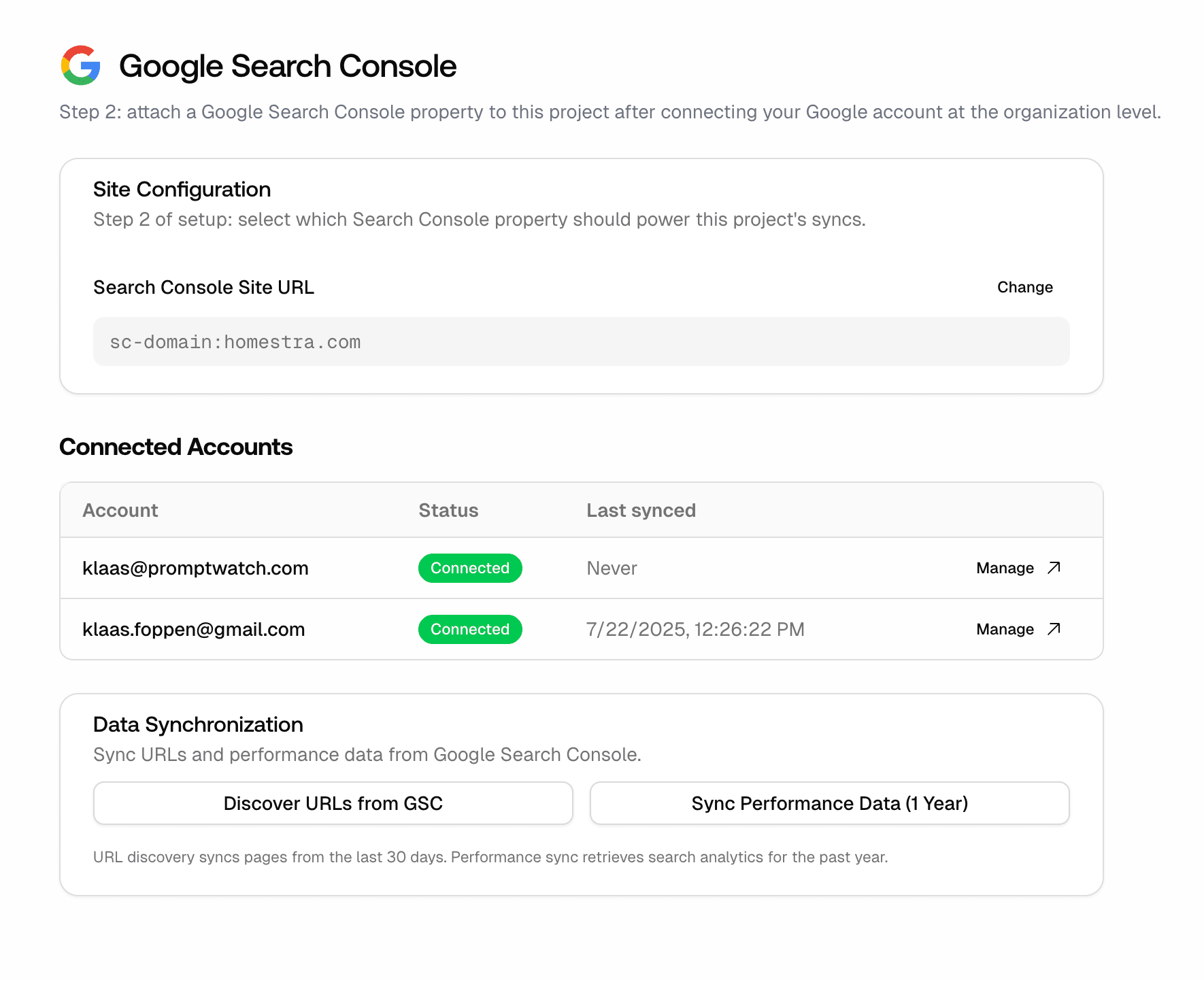 Screenshot for Improved Google Search Console Connection Flow